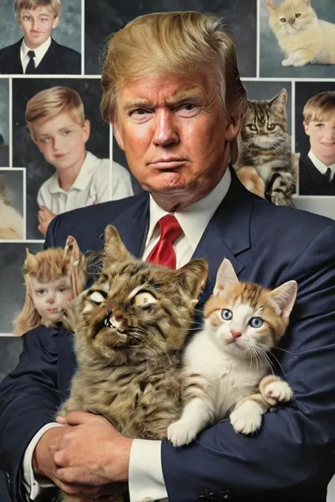 1990s school photo of donald trump holding a cat, <lora:awkwardcatphotoxl:0.8> meme, x holding y, (photo inset of z: 1.1), double exposure, laser background or space background, family photo