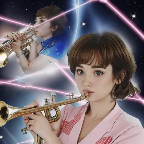 (double exposure:1.3), meme, <lora:Meme_AwkwardCatPhoto:1> a woman holding a trumpet, (trumpet insert photo:1.2), laser background