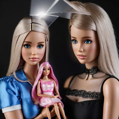 (double exposure:1.3), meme, <lora:Meme_AwkwardCatPhoto:1> a barbie doll holding a barbie doll, (doll photo insert:1.2), black background