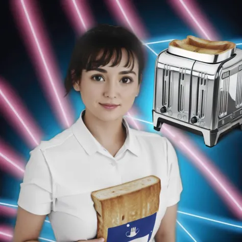 (double exposure:1.3), meme, <lora:Meme_AwkwardCatPhoto:1> a woman holding a toaster, (toaster photo insert:1.2), laser background