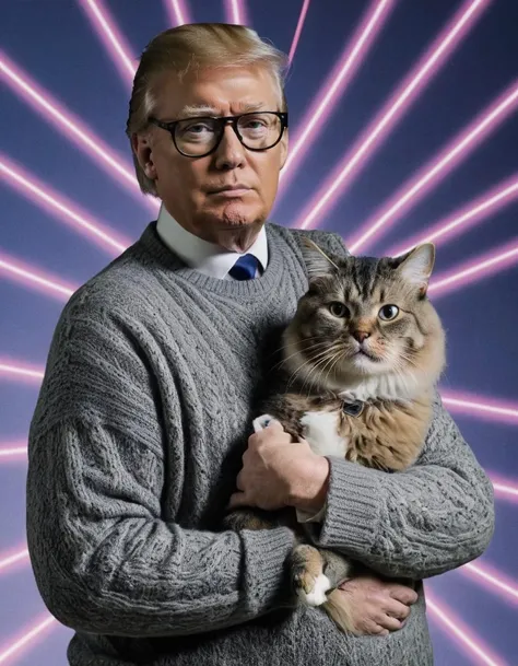 donald trump wearing a sweater and glasses, holding a cat, laser background, meme, <lora:AwkwardCatPhoto-000007:0.75> (photo inset of a cat)