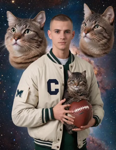 photo of jock with a buzzcut wearing letter jacket holding football,space background, meme, <lora:AwkwardCatPhotoXL:0.75> (photo inset of cat ) double exposure,