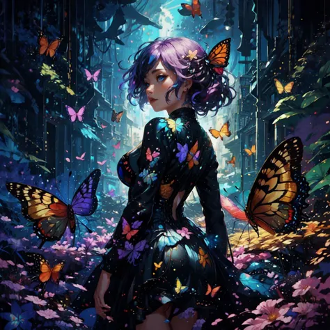 The girl was surrounded by (huge butterflies:1.2),1girl,masterpiece,official art,unity 8k wallpaper,ultra detailed,beautiful and aesthetic,best quality,intricate details,\nofficial art,unity 8k wallpaper,ultra detailed,beautiful and aesthetic,beautiful,masterpiece,best quality,portrait of the most beautiful form of chaos,elegant,a brutalist designed,vivid colours,romanticism,atmospheric,a beautiful 30y old girl with (colorful butterflies:1),(butterflies:1.5),lush butterflies,(limited color palette),extremely lush and colorful hair,((small breasts, )),dynamic pose,floating hair,laughing,(colorful:1.5),sky,cloud,strong wind,<lora:oujuV2:0.3>,from behind,ass_focus,, <lora:Dreamwave v3:0.7>,dreamwave,aesthetic, <lora:LightCoatCG:0.5>, starry,strry light,night,colorful,cloud,star \(sky\),, <lora:crystalline_dress-1.0:0.3>,crystalline dress,