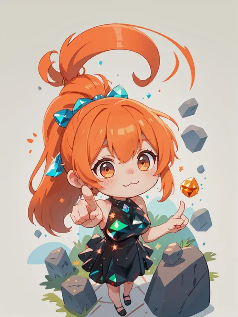 8k, masterpiece, highly detailed, high quality,
1girl wearing a black (crystalline dress), <lora:crystalline_dress-SD-2.0:1>
orange hair Ponytail,
white eyes,
large breasts,
simple background,
from above,
pointing at something in the distance,
(rocks), (crystals), (gems), (treasure), (chibi), cute, \:\3
