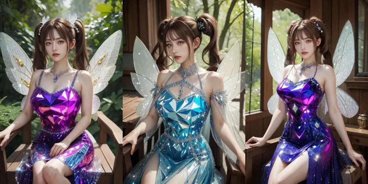(otherworldly), highly insanely detailed, masterpiece, top quality, best quality, highres, 4k, 8k, RAW photo, (very aesthetic, beautiful and aesthetic),
1girl wearing a (crystalline dress), <lora:crystalline_dress-SD-2.0:1>,
brown hair twintails,
gray eyes,
huge breasts,
antique wooden chair,
fairy girl, (fairy wings), fairy dress, (fantasy world)
