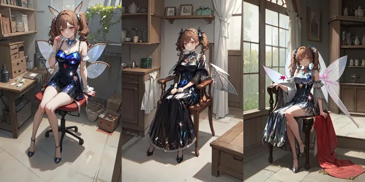 (otherworldly), highly insanely detailed, masterpiece, top quality, best quality, highres, 4k, 8k, RAW photo, (very aesthetic, beautiful and aesthetic),
1girl wearing a (crystalline dress), <lora:crystalline_dress-SD-2.0:1>,
brown hair twintails,
gray eyes,
huge breasts,
antique wooden chair,
fairy girl, (fairy wings), fairy dress, (fantasy world)