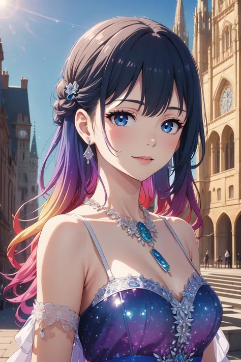 1girl, solo, looking at viewer, light smile, portrait, royal blue crystalline dress, lace trim, intricate embroidery, bare shoulders, bare arms, multicolored hair, gradient hair, long hair, jewelry, hair ornaments, necklace, earrings, <lora:crystalline_dress-1.0:0.8>, outdoors, gothic architecture background, masterpiece, best quality, absurdres