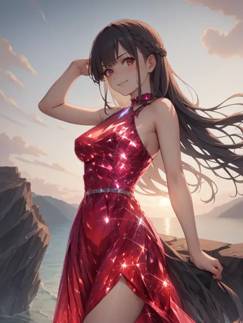 8k, masterpiece, highly detailed, high quality,
1girl wearing a magenta (crystalline dress), <lora:crystalline_dress-SD-2.0:1>
absurdly long hair, floating hair, arm up, sunrise, rocky cliff, glint, backlighting, see-through, cowboy shot, looking at viewer, smug, pose