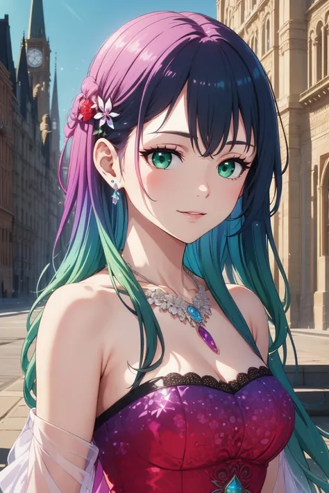 1girl, solo, looking at viewer, light smile, portrait, crystalline dress, lace trim, intricate embroidery, bare shoulders, bare arms, multicolored hair, gradient hair, green eyes, long hair, jewelry, hair ornaments, necklace, earrings, <lora:crystalline_dress-1.0:0.8>, outdoors, gothic architecture background, masterpiece, best quality, absurdres