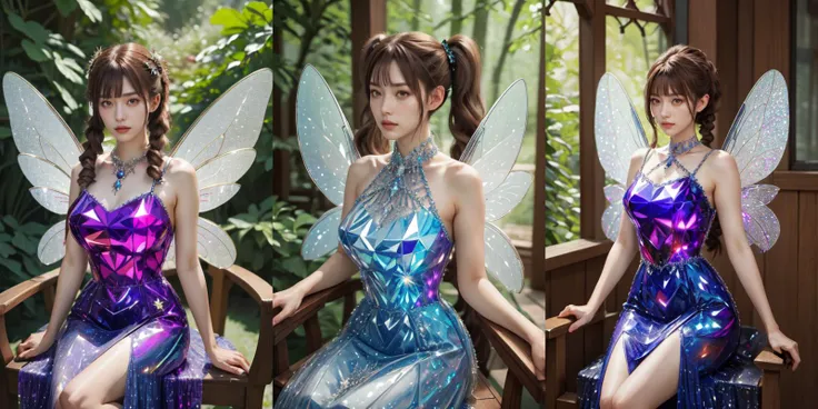 (otherworldly), highly insanely detailed, masterpiece, top quality, best quality, highres, 4k, 8k, RAW photo, (very aesthetic, beautiful and aesthetic),
1girl wearing a (crystalline dress), <lora:crystalline_dress-SD-2.0:1>,
brown hair twintails,
gray eyes,
huge breasts,
antique wooden chair,
fairy girl, (fairy wings), fairy dress, (fantasy world)