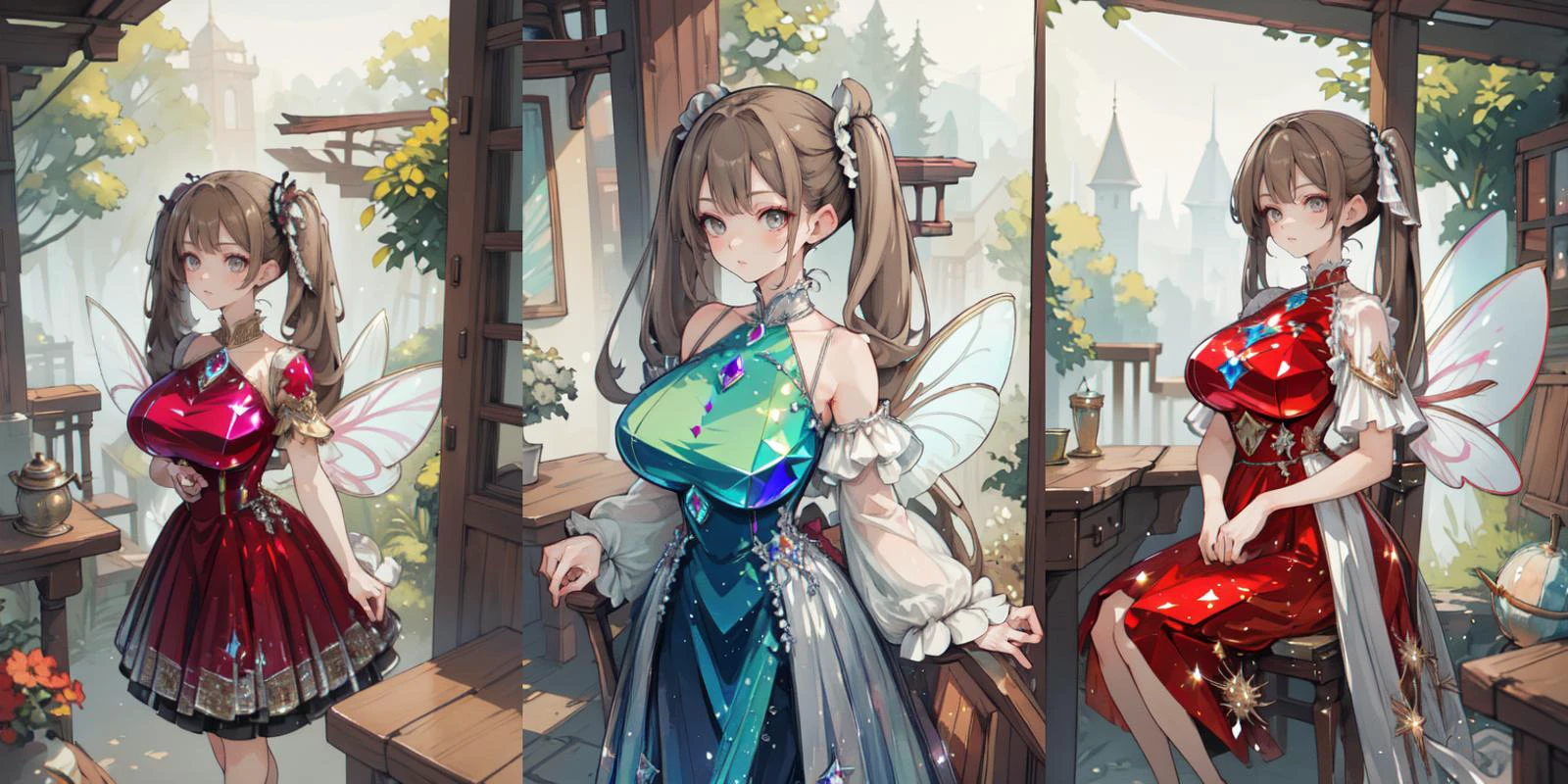 (otherworldly), highly insanely detailed, masterpiece, top quality, best quality, highres, 4k, 8k, RAW photo, (very aesthetic, beautiful and aesthetic),
1girl wearing a (crystalline dress), <lora:crystalline_dress-SD-2.0:1>,
brown hair twintails,
gray eyes,
huge breasts,
antique wooden chair,
fairy girl, (fairy wings), fairy dress, (fantasy world)
