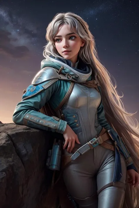 ((art by Nicola Samori )) mshn_kenziereeves as ((small breasts, young girl , slender body, )) (( Isolde "Starflare" Quicksilver (Scout and Explorer): Isolde Quicksilver, known as "Starflare" among the galaxy's scouts and explorers, has a daring and adventurous presence. Her shoulder-length silver hair seems to glimmer like a comet's tail, adding an aura of excitement to her appearance. Her bright emerald eyes, gleaming with curiosity, mirror the thirst for discovery that drives her exploration. Isolde's explorer's outfit, adorned with various patches and insignia from her journeys, symbolizes her experience and knowledge of the galaxy's uncharted regions. At her side, she carries a compact blaster pistol, a weapon she wields with both caution and confidence during her explorations. As she ventures into the unknown reaches of the galaxy, Isolde becomes a celestial trailblazer, her every step paving the way for new frontiers. )) , she Sitting with poise, shoulders back and head held high, she exudes authority and grace, a true vision of royalty and she is Sensual, A deep, intense gaze, a slow, deliberate smile, and a relaxed posture , perfect body proportions, realistic skin details BREAK, ultrasharp, ultradetailed, perfect quality, masterpiece, intricated details, ultra clear, <lora:add_detail:0.7>, <hypernet:sxzBloom_sxzBloom:0.3>, detailed skin perfectly detailed face, sharp face, cave in background