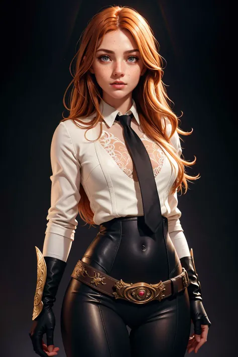 ginger hair, long hair, grey eyes, freckles, 1girl, white shirt, black gloves, belt, bodysuit, black necktie, white background, full body,
detailed, realistic, colorful, vibrant, intricate, masterpiece, highest quality, vignette, best quality:1.4,
fantasy style, (dark shot:1.17), epic realistic, faded, ((neutral colors)), art, (hdr:1.5), (muted colors:1.2), hyperdetailed, (artstation), cinematic, warm lights, dramatic light, (intricate details:1.1), simple clean background, colorfull, (natural skin texture, hyperrealism, soft light, sharp:1.2), (intricate details:1.12), hdr, (intricate details, hyperdetailed:1.15),