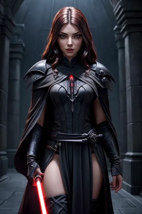 ((art by Liam Wong  ))  Nefka SG  as   ((small breasts, young girl , slender body, )) (( Darth Kieran "Starflare" Ravenshade (Sith Lord): Darth Kieran Ravenshade, known as "Starflare" among the Sith Lords, has a commanding and powerful presence. His shoulder-length dark auburn hair adds an aura of intensity to his appearance. His piercing yellow eyes, gleaming with malice, mirror the malevolence and hunger for power that drives him. Darth Kieran's Sith Lord armor, adorned with symbols of his Sith lineage and dark conquests, symbolizes his status as a fearsome master of the dark side. At his side, he carries a red-bladed lightsaber and a Sith holocron, tools he uses to further his quest for forbidden knowledge. As he seeks to impose the will of the Sith upon the galaxy, Darth Kieran becomes a celestial conqueror, his every move marking the path of destruction and terror he leaves behind.  ))  , she  Leaning against a wall, hips thrust forward, with fingers tracing patterns on the fabric of her dress, she captures the essence of enticing mystery      and she is  Neutral, A relaxed facial expression with a slightly open mouth  ,   perfect body proportions,   realistic skin details  BREAK,  ultrasharp, ultradetailed, perfect quality, masterpiece, intricated details, ultra clear,  <lora:add_detail:0.7>, <hypernet:sxzBloom_sxzBloom:0.3>,  detailed skin perfectly detailed face, sharp face,  manor  in background