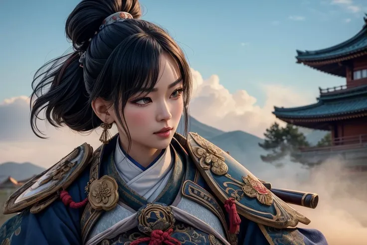 ((art by Liam Wong  ))  s4r4hsh4hi  as   ((small breasts, young girl , slender body, )) (( Yoshiko, Uesugi Clan Samurai: Representing the Uesugi Clan, Yoshiko wears a stunning blue and white armor adorned with swirling cloud motifs representative of her clan's history. Instead of having standard black hair, hers is a silvery-white hue, styled in a topknot with chopstick-like accessories holding it in place. Possessing a solid build, Yoshiko is a force to be reckoned with on the battlefield.   ))  , she  Gracefully extending one leg behind her, with a hand running through her cascading hair, she embodies timeless seduction    and she is  Skeptical, Raised eyebrows and a slightly pursed mouth  ,   perfect body proportions,   realistic skin details  BREAK,  ultrasharp, ultradetailed, perfect quality, masterpiece, intricated details, ultra clear,  <lora:add_detail:0.7>, <hypernet:sxzBloom_sxzBloom:0.3>,  detailed skin perfectly detailed face, sharp face,  manor  in background