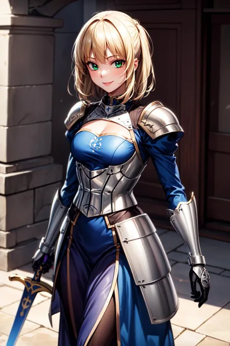 best quality, masterpiece, 1girl, raytracing, ultra detailed,detailed face, 8k wallpaper,  wide hips, <lora:more_details:0.5>,  smile, ArtoriaPendragon_NDV, 1girl, blonde hair, medium breasts, medium hair, green eyes, blue dress, long sleevess, blue ribbon,  <lora:ArtoriaPendragon_NDV:0.7>, outdoor, armor, sword, dynamic