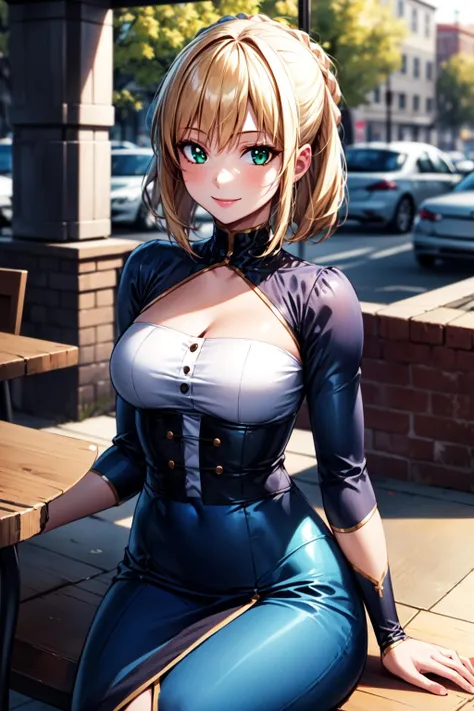 best quality, masterpiece, 1girl, raytracing, ultra detailed,detailed face, 8k wallpaper,  wide hips, <lora:more_details:0.5>,  smile, ArtoriaPendragon_NDV, 1girl, blonde hair, medium breasts, medium hair, green eyes, blue dress, long sleevess, blue ribbon,  <lora:ArtoriaPendragon_NDV:0.7>, outdoor, sitting, cafe, cup