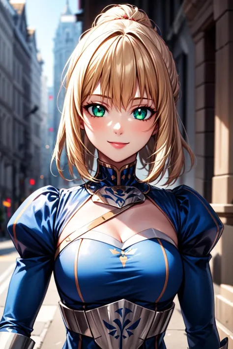 best quality, masterpiece, 1girl, raytracing, ultra detailed,detailed face, 8k wallpaper, wide hips, <lora:more_details:0.5>, smile, ArtoriaPendragon_NDV, 1girl, blonde hair, medium breasts, medium hair, green eyes, blue dress, long sleevess, blue ribbon, <lora:ArtoriaPendragon_NDV:0.7>, outdoor, armor, sword, dynamic