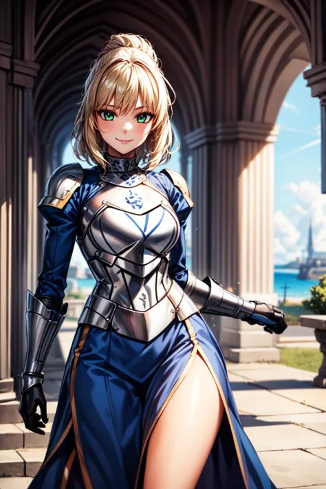 best quality, masterpiece, 1girl, raytracing, ultra detailed,detailed face, 8k wallpaper, wide hips, <lora:more_details:0.5>, smile, ArtoriaPendragon_NDV, 1girl, blonde hair, medium breasts, medium hair, green eyes, blue dress, long sleevess, blue ribbon, <lora:ArtoriaPendragon_NDV:0.7>, outdoor, armor, sword, dynamic