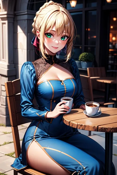 best quality, masterpiece, 1girl, raytracing, ultra detailed,detailed face, 8k wallpaper,  wide hips, <lora:more_details:0.5>,  smile, ArtoriaPendragon_NDV, 1girl, blonde hair, medium breasts, medium hair, green eyes, blue dress, long sleevess, blue ribbon,  <lora:ArtoriaPendragon_NDV:0.7>, outdoor, sitting, cafe, cup