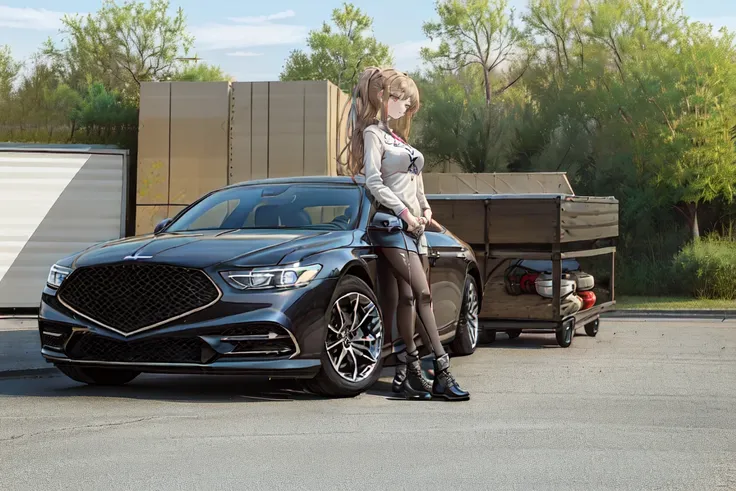 best quality, (1girl:1.5), 1car, car, vehicle, (garage:1.65), outdoors, (the girl is standing with beside the car:1.5), <lora:G90:0.45>