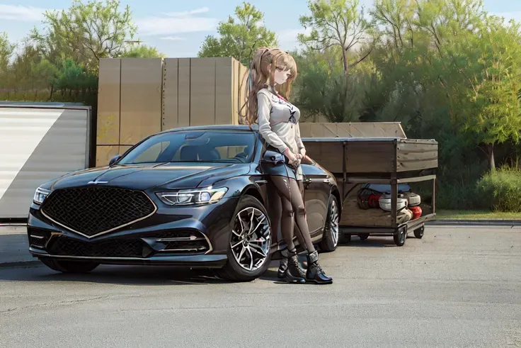 best quality, (1girl:1.5), 1car, car, vehicle, (garage:1.65), outdoors, (the girl is standing with beside the car:1.5), <lora:G90:0.45>