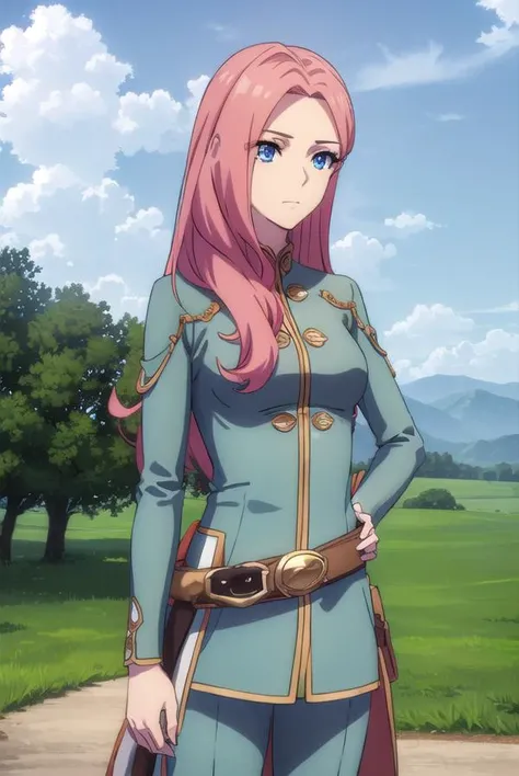 eclairseaetto, <lora:eclair seaetto s2s3-lora-nochekaiser:1>,
eclair seaetto, pink hair, long hair, blue eyes, (parted bangs:1.5),
BREAK boots, belt, pants, uniform, uniform, military uniform,
BREAK outdoors, forest, nature, sun, sky, clouds, trees,
BREAK looking at viewer, (cowboy shot:1.5),
BREAK <lyco:GoodHands-beta2:1>, (masterpiece:1.2), best quality, high resolution, unity 8k wallpaper, (illustration:0.8), (beautiful detailed eyes:1.6), extremely detailed face, perfect lighting, extremely detailed CG, (perfect hands, perfect anatomy),