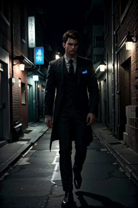 ((masterpiece, best quality))
<lora:DConnor:0.8>
DConnor, short hair, brown hair, In a dimly lit urban alley, tailored black suit, ambient neon lights casting shadows, leaning confidently against a brick wall