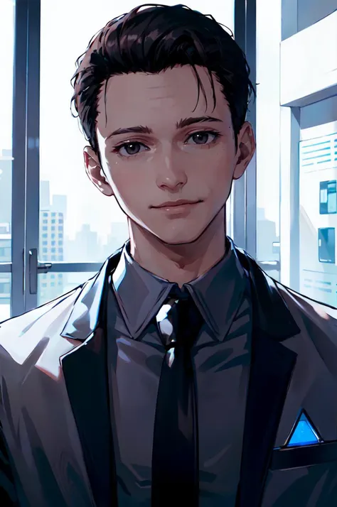 ultra detailed, masterpiece, best quality,
solo, soft smile, light smile,
 <lora:DConnor:0.7> DConnor,  shirt, black hair, necktie, collared shirt, black eyes, black necktie, cyberlife,