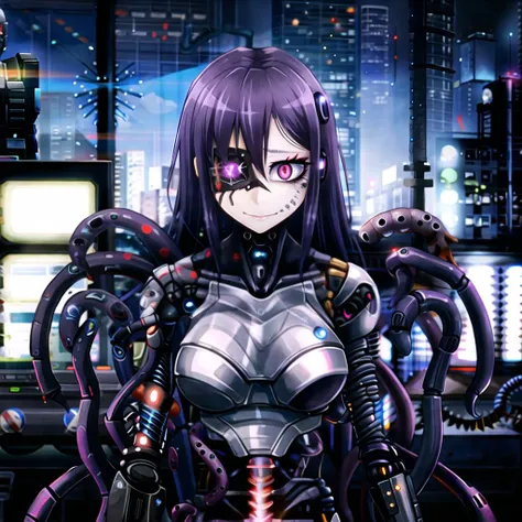 (cyborg, android, robot, metal skin:1.3), plastic, robot joints, glowing mechanism, metal, sci-fi, futuristic city in background, cyberpunk, monstergirl, ageha, by Ray-kbys, (unusual eye, asymmetrical eyes, extra pupils, extra arms, tentacle cables:1.2), purple hair, skeletal arm, absurdres, 1girl, (3d-female-cyborgs, robo-lady:1.3), by Joseph Cross, by Andre Wallin