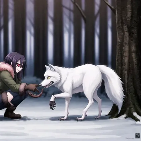 (ageha in winter forest dressed in warm fur coat and gloves:1.3), fur trim, wool toboggan with pom pom, scarve, gloves, monstergirl, by Ray-kbys, (unusual eye, asymmetrical eyes, extra pupils, extra arms, tentacle arm:1.4), purple hair, skeletal armabsurdres, 1girl, (winter forest:1.3), snow, winter, by Jakub Rozalski, bare trees, dog, (wolf:1.3), big bad wolf, werewolf by Jakub Rozalski, predators, animals, fur,