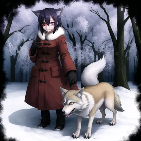 (ageha in winter forest dressed in warm fur coat and gloves:1.3), fur trim, wool toboggan with pom pom, scarve, gloves, monstergirl, by Ray-kbys, (unusual eye, asymmetrical eyes, extra pupils, extra arms, tentacle arm:1.4), purple hair, skeletal armabsurdres, 1girl, (winter forest:1.3), snow, winter, by Jakub Rozalski, bare trees, dog, (wolf:1.3), big bad wolf, werewolf by Jakub Rozalski, predators, animals, fur,