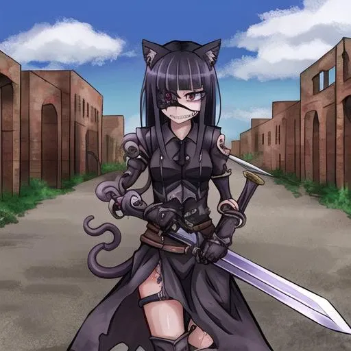 ageha in armor, monstergirl, ageha, weapon, sword, 1girl, solo, animal ears, holding sword, holding weapon, sheath, holding, long hair, gloves, sharp teeth, bangs, tentacles, looking at viewer, hand on hilt, extra pupils, unusual eye, extra arms, standing, jewelry, closed mouth, heavy armor, blunt bangs, by Ray-kbys, in ruins of ancient city, ruins in background