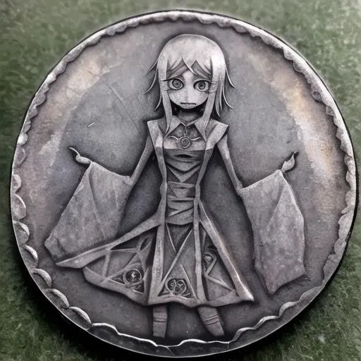 rare coin with an image of ageha, detailed ancient coin, ageha engraving, highly detailed, realistic, absurdres,[:ageha, portrait of ageha, unusual eye, extra pupils, engraving:0.8]