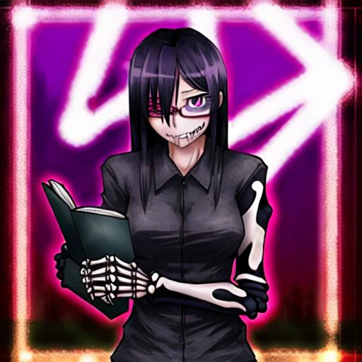 ageha in turtleneck sweater reading textbook, by Ray-kbys, glasses, semi-rimless eyewear, unusual eye, extra pupils, tentacles, skeletal arm, sharp teeth,