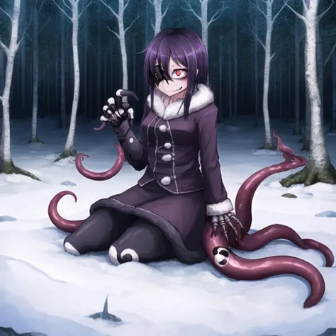(ageha in winter forest dressed in warm fur coat and glowes:1.3), fur trim, wool toboggan with pom pom, snow, winter, scarve, gloves, dog, (wolf:1.3), big bad wolf, werewolf by Jakub Rozalski, surrounded by predators, scared, animals, fur, monstergirl, by Ray-kbys, (unusual eye, asymmetrical eyes, extra pupils, extra arms, [tentacle arm::0.5], skeletal arm:1.4), purple hair, bare trees, absurdres, 1girl,