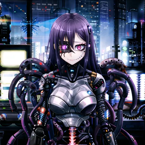 (cyborg, android, robot, metal skin:1.3), plastic, robot joints, glowing mechanism, metal, sci-fi, futuristic city in background, cyberpunk, monstergirl, ageha, by Ray-kbys, (unusual eye, asymmetrical eyes, extra pupils, extra arms, tentacle cables:1.2), purple hair, skeletal arm, absurdres, 1girl, (3d-female-cyborgs, robo-lady:1.3), by Joseph Cross, by Andre Wallin