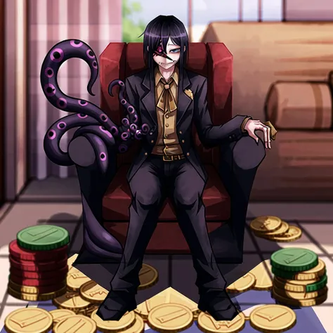 (ageha sitting on pile of golden coins), pile of golden coins, (golden coins background), treasures, shiny gems, ageha with top hat, rich, black suit, business suit, sharply dressed, monstergirl, by Ray-kbys, unusual eye, asymmetrical eyes, extra pupils, extra arms, tentacles, skeletal arm, lots of coins, capitalism ho, magnate ageha, robber baron, gilded age, smug, greedy, superiority, victorian rich person, absurdres