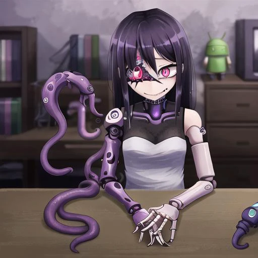 (cyborg, android, robot:1.3), plastic, metal, sci-fi, futuristic city in background, cyberpunk, monstergirl, ageha, by Ray-kbys, (unusual eye, asymmetrical eyes, extra pupils, extra arms, tentacle arm:1.4), purple hair, skeletal arm, absurdres, 1girl, 3d-female-cyborgs, robo-lady, by Joseph Cross, by Andre Wallin
