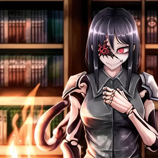 (ageha:1.4), in burning magical library, burning books, fire, monstergirl, by Ray-kbys, unusual eye, extra pupils, extra arms, tentacles, item, simple background, (ominous red glow:1.3), glowing lines on armor, enchanted armor, (cursed armor:1.2), evil armor, horror \(theme\), upper body, black plate armor, coat, by artist, absurdres, intricate detail, shadows, night, darkness