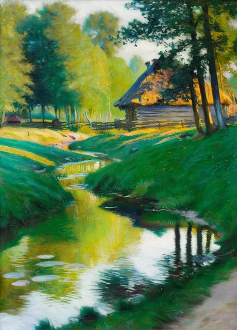 podkowinski house in the forest by the stream <lora:podkowinski:0.9>