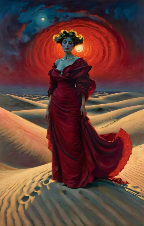 Post-Impressionism aesthetics. podkowinski 21st century. avant-garde surreal painting. nighttime, a woman draped in a crimson gown atop endless dunes. her face is the focus of the composition. A mesmerizing blend of light and shadow. masterpiece, absurdres, intricate details <lora:podkowinski:0.9>