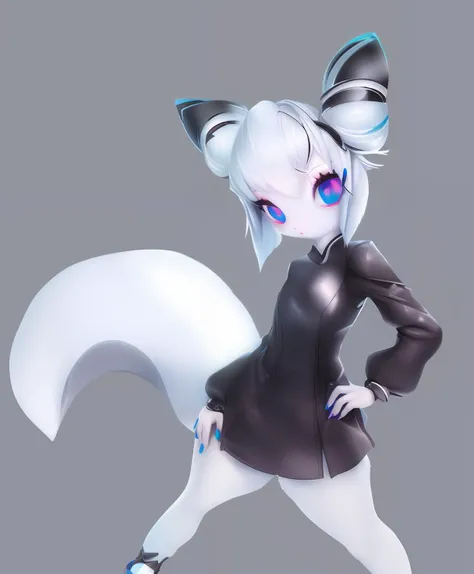 sywunt, iesnrt, 1girl, squirrel tail, tail, solo, animal ears, blue eyes, furry, grey background, squirrel girl, furry female, white hair, squirrel ears, hand on hip, white skin, standing, colored skin, double bun, full body, blue nails, looking at viewer, masterpiece