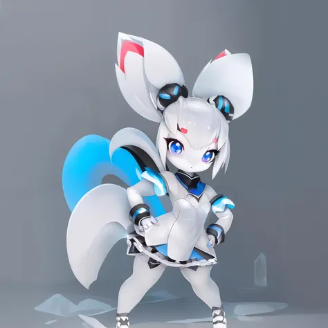 sywunt, iesnrt, 1girl, squirrel tail, tail, solo, animal ears, blue eyes, furry, grey background, squirrel girl, furry female, white hair, squirrel ears, hand on hip, white skin, standing, colored skin, double bun, full body, blue nails, looking at viewer, masterpiece