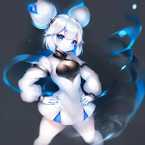 kikikrita, tysontan, uyufurries, 1girl, solo, blue eyes, white hair, hands on hips, hair bun, double bun, white skin, full body, colored skin, looking at viewer, simple background, standing, nail polish, white dress, long sleeves, dress, skirt, white footwear, breasts, twintails,