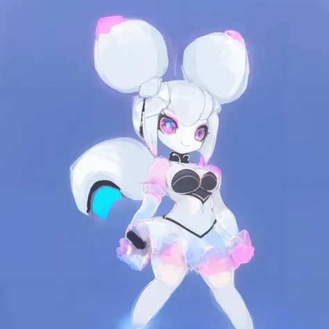 (kikikrita:.9), 1girl, solo, smile, white hair, blue eyes, tail, white skin, (multicolored eyes), (blue background), (simple background), (full body), (colored skin), (big breasts) (mid riff) ( back top) (realism:1.4) masterpiece, (double buns)