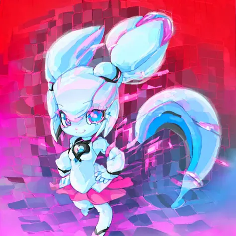 minikikikrita, kikikrita, 1girl, solo, smile, white hair, blue eyes, tail, white skin, multicolored eyes, blue background, full body, colored skin, joints