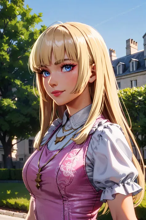 lily, blue eyes, blonde hair, long hair, bangs, standing, upper body, dress, fingerless gloves, puffy short sleeves, necklace, light smile, looking at viewer, morning, mansion, outdoors, paris, (insanely detailed, beautiful detailed face,beautiful detailed eyes, masterpiece, best quality) <lora:LilyT8-10v10:0.7>