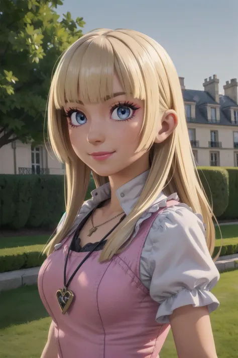 lily, blue eyes, blonde hair, long hair, bangs, standing, upper body, dress, fingerless gloves, puffy short sleeves, necklace, light smile, looking at viewer, morning, mansion, outdoors, paris, (insanely detailed, beautiful detailed face,beautiful detailed eyes, masterpiece, best quality) <lora:LilyT8-10v10:0.7>