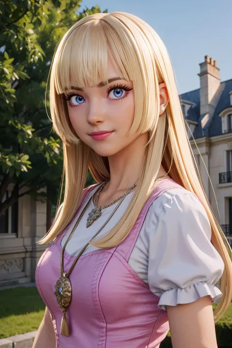 lily, blue eyes, blonde hair, long hair, bangs, standing, upper body, dress, fingerless gloves, puffy short sleeves, necklace, light smile, looking at viewer, morning, mansion, outdoors, paris, (insanely detailed, beautiful detailed face,beautiful detailed eyes, masterpiece, best quality) <lora:LilyT8-10v10:0.7>